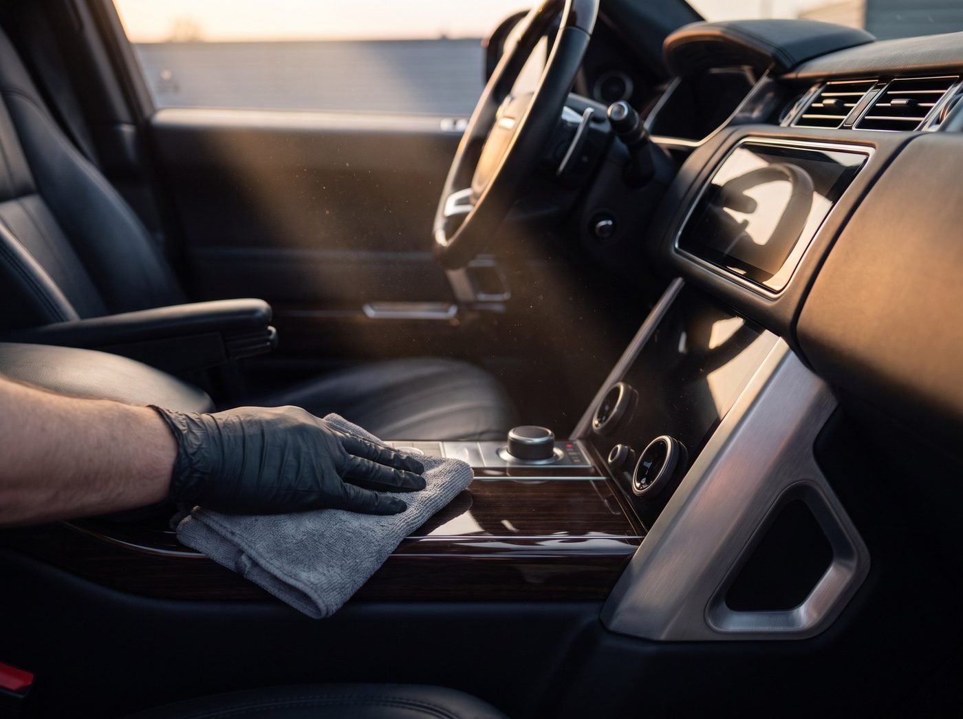 Microfiber cloth wiping a clean car dashboard and center console