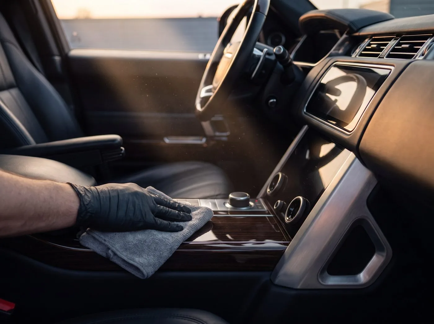 Microfiber cloth wiping a vehicle dashboard, illustrating controlled application to interior surfaces