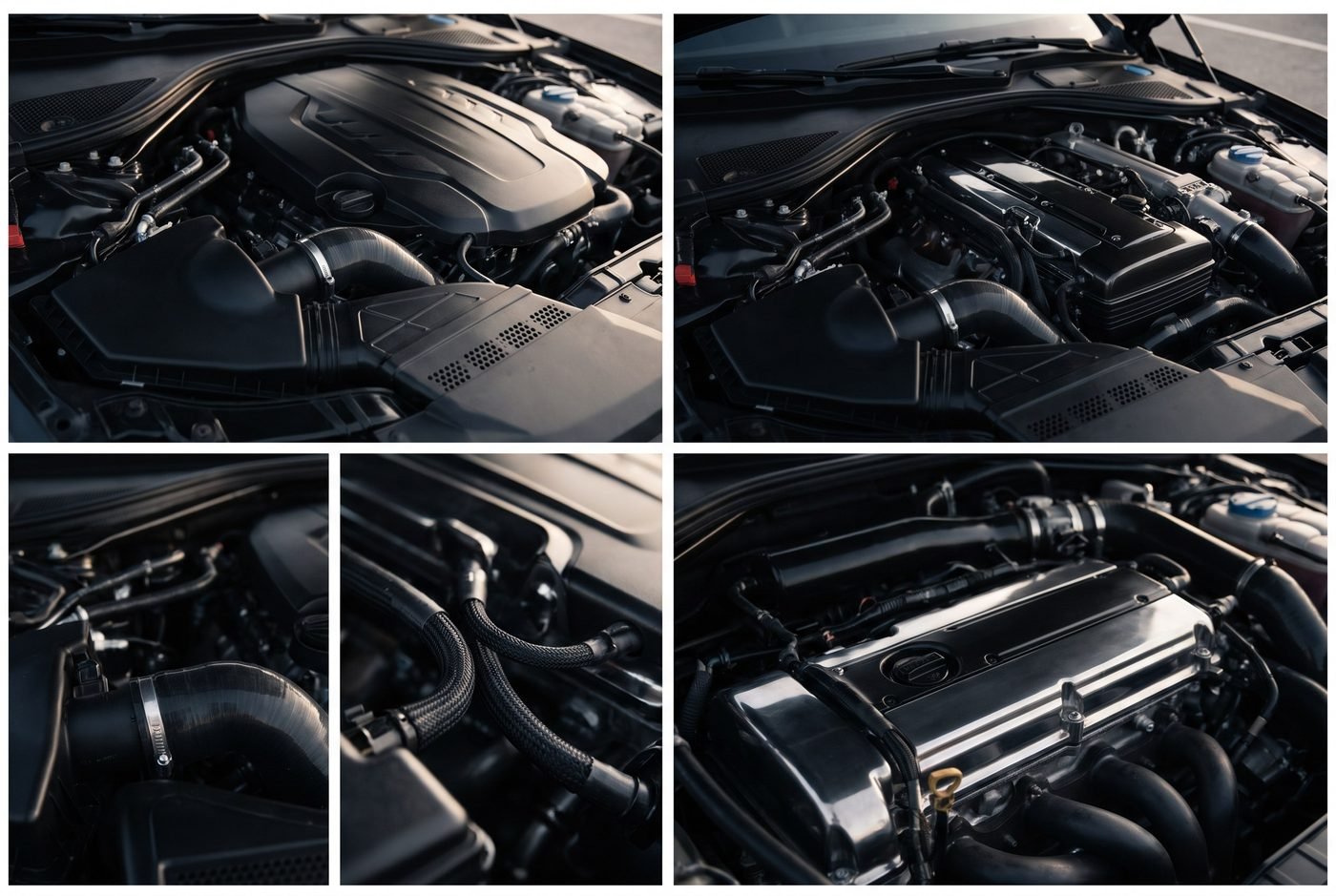 Freshly detailed engine bay with clean dressed plastics and hoses