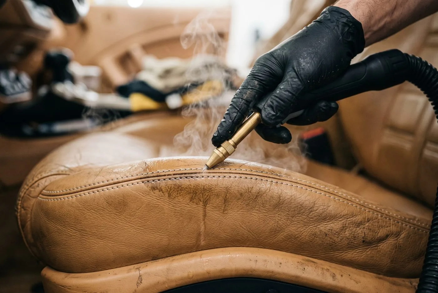 Close-up of cleaning equipment beside a tan vehicle seat; illustrative interior image, not a Tesla service result