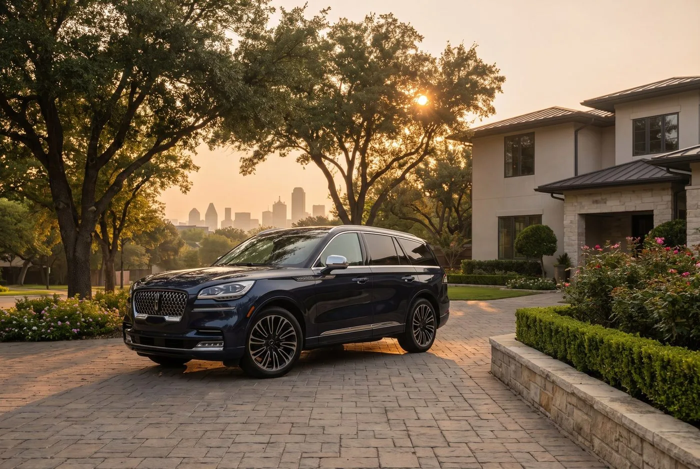 Illustrative detailing scene: Luxury SUV parked in an upscale driveway with a city skyline in the distance