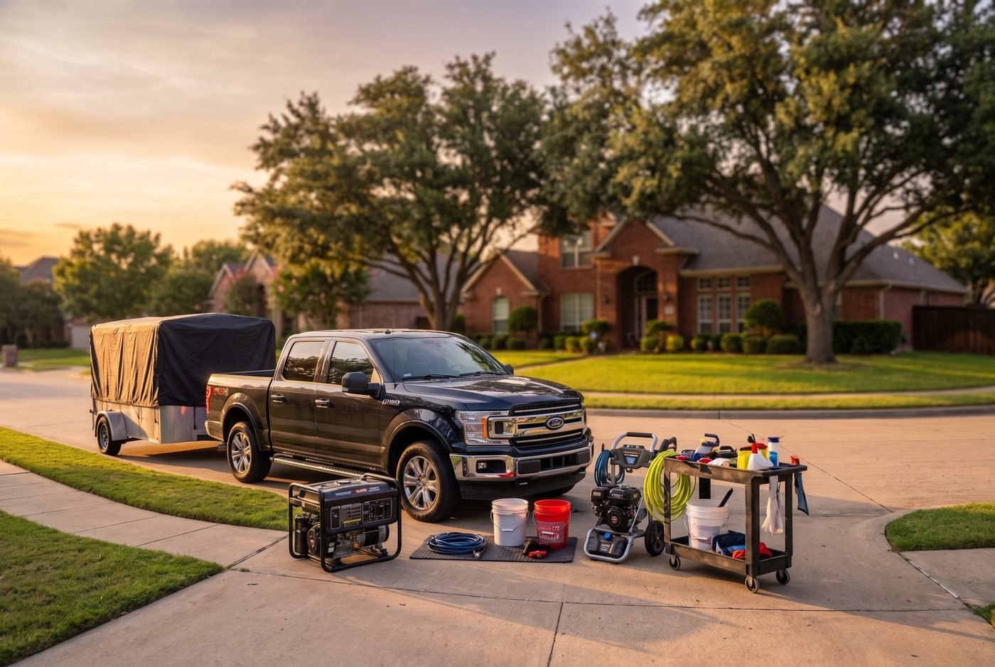 Mobile auto detailing setup with pressure washer parked in a Dallas suburban driveway
