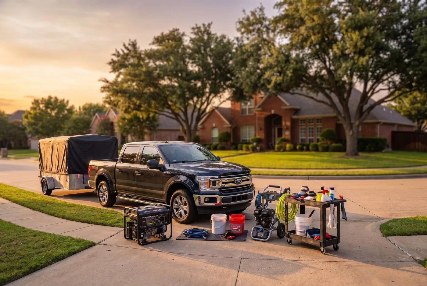 Vehicle and detailing equipment arranged in an outdoor driveway, illustrating space needed for a mobile visit