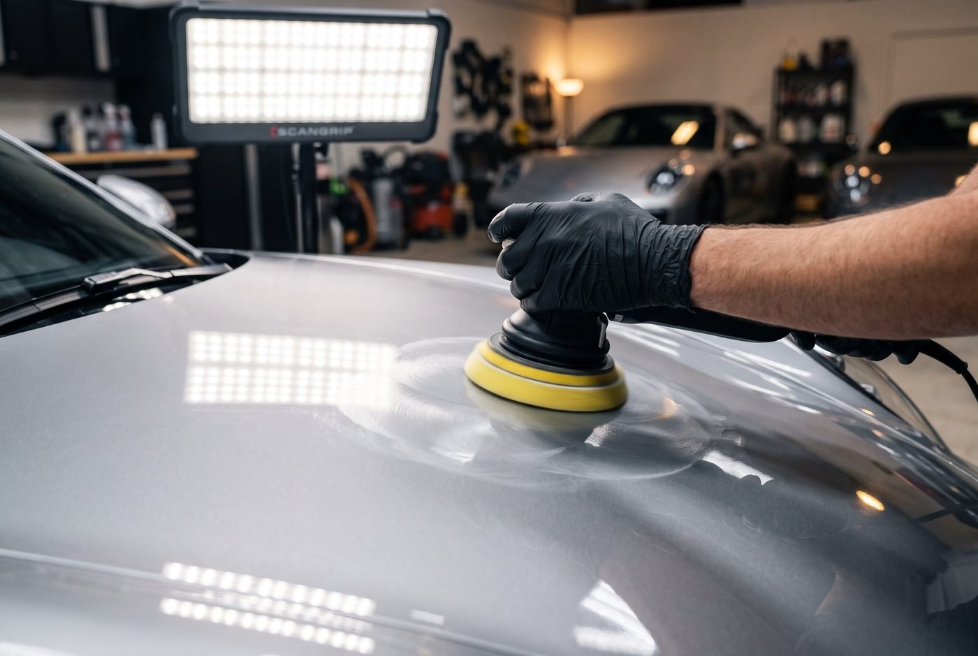 Dual-action polisher on a silver car hood under bright paint-inspection lighting
