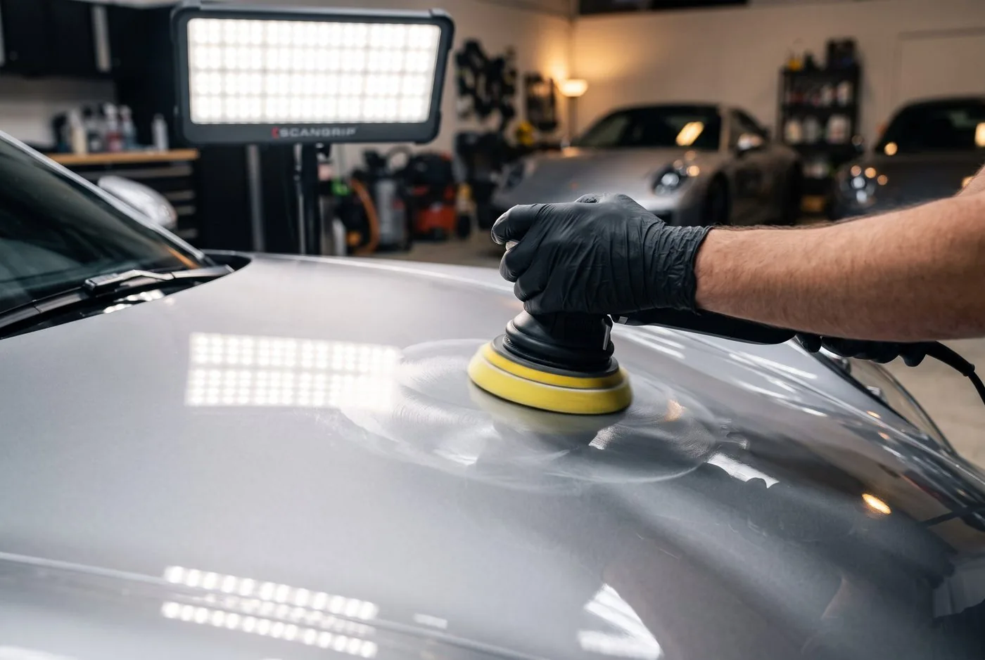Machine polisher working across a glossy vehicle hood under inspection lights